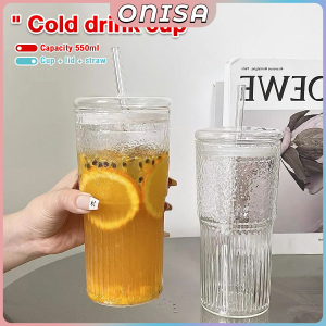 Onisa 550ml Glass Water Cup with Straw and Lid Juice Milk Tea Coffee Cold Cup Creative Glass Drink Mug