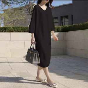 Accessible Luxury Korean Style V Neck Mid Length Long Length Cashmere Woolen Skirt Womens Loose Overknee Pullover Dress Wool Knitted Base