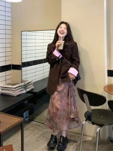 YUFUQING | Caramel Suit Jacket And Halter Dress Two-Piece Set Autumn Elegance Maturity High-End Salt System Clothing Set Fashionable Ensemble