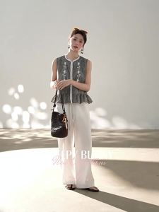 French Vintage Gingham Lace Sleeveless Summer Blouse Breathable