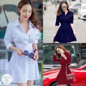 SG070 เดรสเชิ๊ตแขนยาว คอปกทรงสวยสม็อกเอวทั้ง 2 ข้าง เนื้อผ้าผ้าบาร์บี้อย่างดี