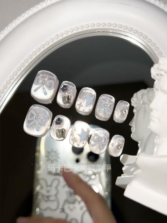 Nhựa Móng Tay Ngắn Thủ Công Màu Xanh Bạc MákaBaka Móng Tay Giả Hình Mèo ...