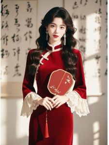 Elegant Red Chinese Style Long Dress Womens Inner Wear High Waist Velvet Fabric Bell Sleeve Print Ladylike New Years Dress