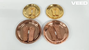 Traditional Copper & Brass Lakshmi Charan Paduka with Plate | Maa Lakshmi Feet for Diwali Pooja & Home Mandir | Size - 6.5 cm & 9 cm | Pack of 1 Pc