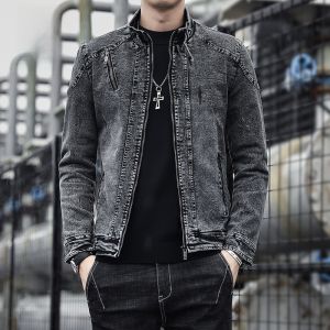 ROMON | Romon Mens Denim Jacket Casual Vintage Stylish Loose Fit Fashionable Outerwear Spring Autumn Winter New Arrival Cotton Polyester Blend