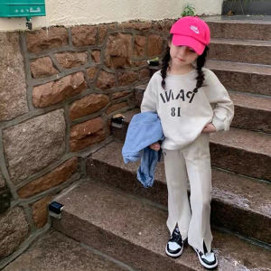 ชุดสองชิ้นลำลองสไตล์เกาหลีสำหรับเด็กผู้หญิง คอกลม กางเกงขายาว ฤดูใบไม้ผลิและฤดูใบไม้ร่วง เสื้อผ้าเด็ก เสื้อผ้าเด็ก