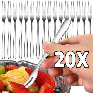 20Pcs Stainless Steel Fruit Fork / Household Tableware / Mini Two-toothed Salad Fork / Food Grade Dessert Fork / Cake Ice Cream Digging Scoop / Kitchen Restaurant Accessories