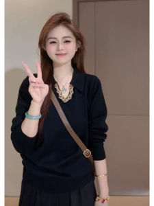 Elegant Polo Collar Knitwear Womens plus Size Micro Plump MM Slimming Design Top Black Base Shirt Commute Style Winter Long Sleeve