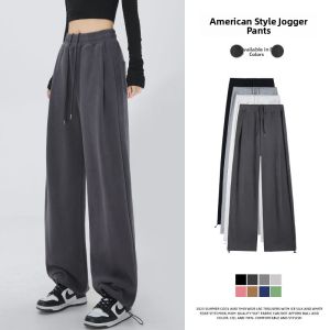 American Style Womens Sport Pants Spring Autumn Loose Wide Leg Pants Drapey Casual Straight Leg Small Size Fleece Lined Sweatpants