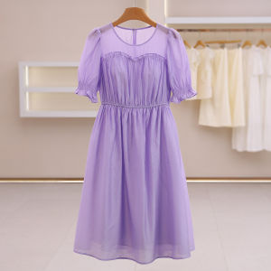 Elegant Loose Waist Sheer Round Neck Plain Maxi Dress