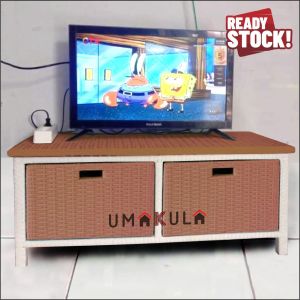 Meja TV 43 Inci Minimalis Rak Laci Rotan Sintetis Model 3 DVD Terbaru