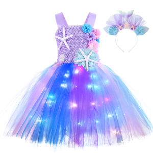 Princess Tulle Skirt with LED Light Mermaid Glowing Halloween Costume for Girls Children Performance Outfit Cotton Polyester