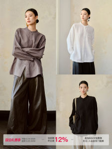 เสื้อเชิ้ตคอตั้งทรงหลวมแขนยาวบางสไตล์จีนเรียบง่ายสำหรับผู้หญิงในฤดูร้อน ผ้าไนลอนผสมคอตตอนผสมโพลีเอสเตอร์