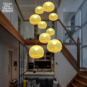 ZHUMUCHUANSHUO | Staircase Living Room Bamboo Wicker Handwoven Round Zen Style Chandelier