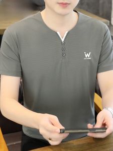 HENGYUANXIANG | Hengyuanxiang Mens V-neck Short Sleeve T-shirt Ice Silk Slim Fit Casual Summer Quick Dry Shirt Fashionable Urban Style