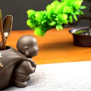 Bộ dụng cụ pha trà đạo Bộ cung nhãn bằng Đồng và Gỗ mun đen