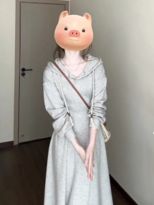 Gray Hoodie Dress Womens Korean College Style Autumn Slimming High Waist A-Line Skirt Long Sleeve Casual Comfortable Dress