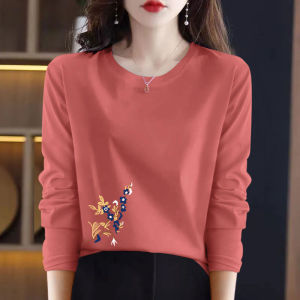 Pure Cotton Long Sleeves T-Shirt Womens Spring and Autumn Korean Style New Slim Looking Inner Bottoming Shirt Outdoor All-Matching round Neck Print Tops