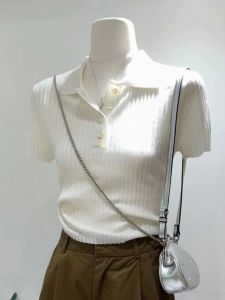 Korean Style Womens Ice Silk Knitted Polo Neck Short Sleeve T-Shirt Slim Fit Summer Versatile Top Guangzhou Thirteenth Factory