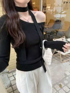 Black Slim Fit Knitted Base Shirt Womens Spring Autumn New Design Sensation Shoulder Exposure Inner Wear Sweater Slope Shoulder Top