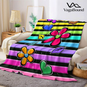 Rainbow Sticker Floral Flannel Blanket Warm Soft Halloween Christmas Decorative Couch Warm Cozy All-Season Gift