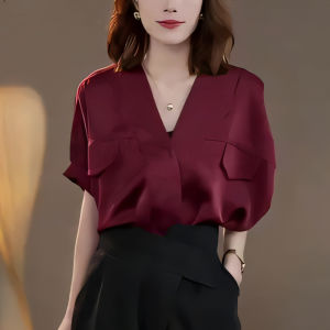 Elegant Red Silk V-neck T-shirt Womens Fashion Spring Summer Commute Top Lightweight Mature Style Korean Version