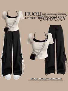 Cool Girl Cargo Pants Suit Female Summer Matching a Set of Sweet and Spicy Fake Two Pieces Short Sleeve T-Shirt Fashion Two-Piece Suit