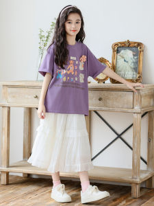 Korean Style Summer Outfit for Big Kids Two-Piece Set Short Sleeve T-Shirt And Half Skirt Loose Fit Casual Cotton Blend Fabric