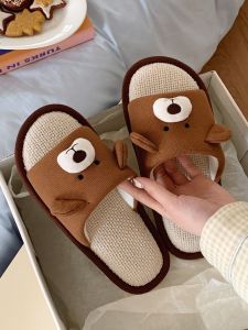 Indoor Cotton Linen Slippers Womens Four Seasons Universal Brown Bear Linen Slippers Anti-Slip Cute Striped Home Comfortable