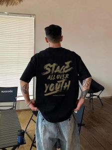 American High Street Retro Grass Written Slogan Short Sleeve Mens T-Shirt Pure Cotton Heavyweight Fashion Summer Top