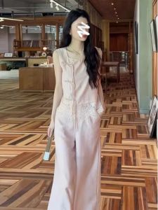 Summer Clothes Matching Womens National Style Accessible Luxury Lace Patchwork Sleeveless Tops High Waist Loose Pants Slimming Two-Piece Suit