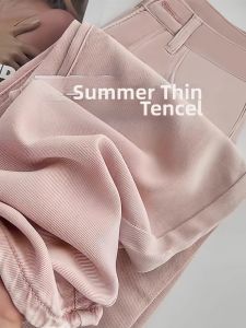 Quần Tây Lửng Phẳng Bằng Vải Rayon Màu Hồng