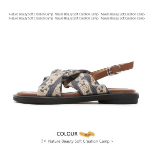 รองเท้าแตะส้นแบนแบบสวมหัวเปิดสำหรับผู้หญิง ทรงพื้นนุ่ม สไตล์ฤดูร้อน 2025 รองเท้าแตะแบบสวมหัวเปิดแบบหัวเข็มขัด ทรงหัวมน รองเท้าแตะส้นแบน