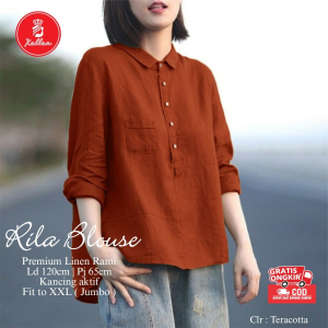 Blouse Kemeja Jumbo Wanita Kancing Aktif Terbaru Baju Atasan Casual Linen Rami Rila Blouse - XELLEA