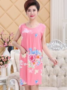 ชุดนอนผู้หญิงผ้าไหมโพลีเอสเตอร์ฤดูร้อน ชุดนอนแขนกุด กระโปรงยาวปานกลาง คอตตอนขนาดใหญ่ ชุดนอนผู้หญิงวัยกลางคน