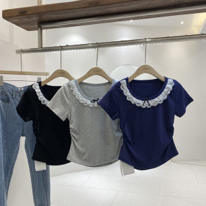 Slimming round Neck Short Sleeve T-Shirt Womens Fashion Lace Trim Pure Color French Sweet And Spicy Girl Summer New Arrival