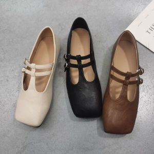 Retro T-Strap Mary Jane Flat Bottom Soft Leather Soft Sole Large Head Womens Shoes Korean Style Casual Fashion Single Shoes