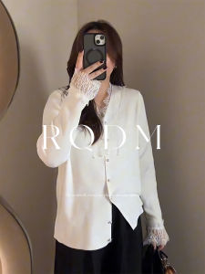 เสื้อเชิ้ตคอวีแขนยาวหลวมๆ สไตล์ฝรั่งเศส สำหรับผู้หญิงไซส์ใหญ่ ฤดูใบไม้ผลิและฤดูใบไม้ร่วง เสื้อชั้นในลูกไม้เนื้อนุ่มสบาย