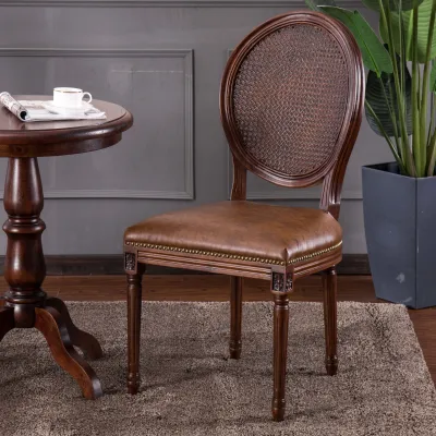 Retro American Country Style Solid Wood Dining Chair with Armrest Casual Leather Backrest Single Seat Book Chair for Restaurant