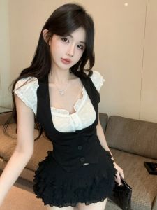 GUZILIAN | Color Block Shirt One Shoulder Button Up Spicy Girl Style Short Sleeve Commute Fashion Slim Fit Korean Brand T-Shirt