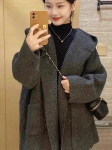Hooded Thickened Pocket Plus Size Loose Knitted Cardigan Female Fall and Winter New Arrival Korean Style Stylish Niche Style Sweater Outwear