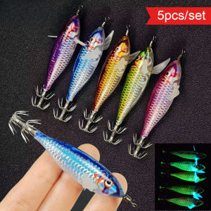 5Pcs Luminous Squid Jig Fishing Lure Laser Scale 8cm Glow Shrimp Bait for Cuttlefish Octopus Saltwater Wood Shrimp Eging Tackle
