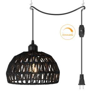 Đèn Thả Trần JOYINLED Bằng Dây Giấy Đen 30cm Kiểu Dáng Rustic Bohemian Chao Đèn Nửa Tròn Chân E27 Chất Liệu Tre Gỗ.