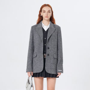 Gray Woolen Suit Jacket Womens Loose Casual Style Spring New Arrival by Self Who Commute Friendly Classic Long Sleeve