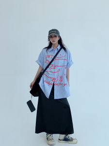 Loose Casual Cartoon Dog Striped Short Sleeve Womens Shirt Summer Relaxing Style Polyester Fiber Regular Length Polo Neck