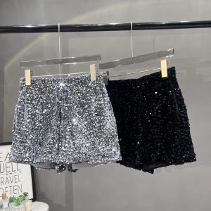 Fashion Style Sequin Black with Pocket Shorts Silm Slim Looking Suede Embroider Sequin Gray Casual Pants Hot Pants for Women