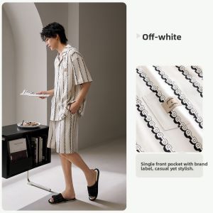 yuenei | Mens Summer Cotton Pajamas Short Sleeve Loose Fit Home Clothes Casual Stripe Thin Wearable Comfortable Breathable Sleepwear