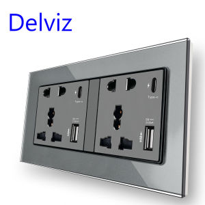 Ổ Cắm Điện Tường USB Loại C Delviz Mặt Kính Pha Lê Cổng Nguồn USB 2A Ổ Cắm Kép Đa Năng Sạc Nhanh Thông Minh 18W Dùng Cho Nhà Ở
