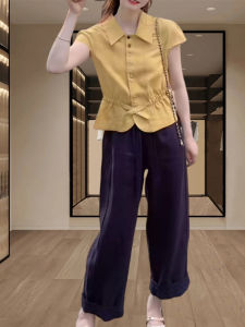 Shalldoer | Summer Fashionable Womens Set Bow-Tie Short-Sleeve Shirt Casual Long Pants Two-Piece Suit Elegant Waist-Cinching Trendy