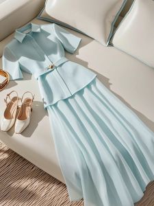 สีน้ําเงิน Dopa ครึ่งความยาว กระโปรง และ เสื้อท่อนบน ผู้หญิง ชุดแฟชั่น ฤดูร้อน คอลเลกชัน แขนสั้น มีสไตล์ และ มีความเป็นผู้ใหญ่ สองชิ้น ชุดสูท